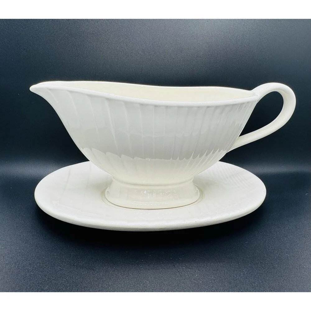Vintage White Ceramic Gravy Boat Set w/ Underplate, Japan, Glossy Oval, Handles